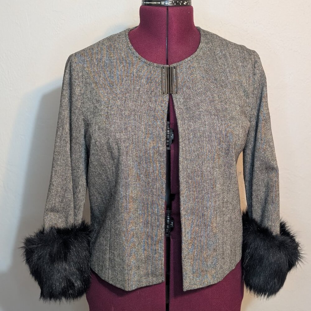 Terry Lewis Luxuries, Size M, Black/White Tweed Jacket w/ Faux Fur Mink cuffs